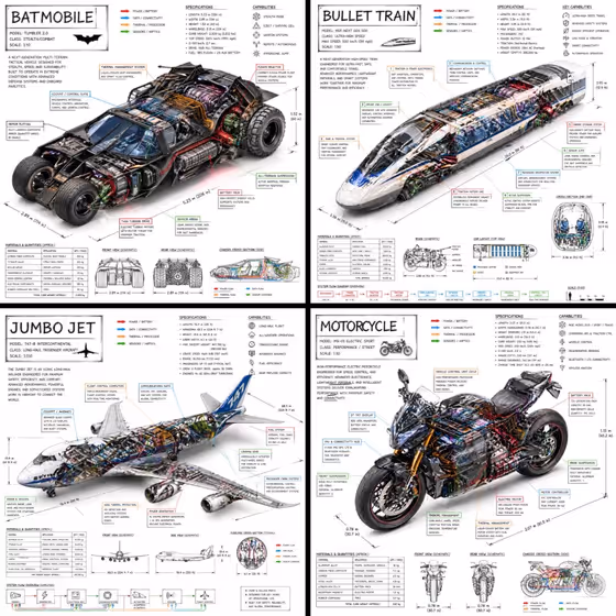 Technical Infographic Of Vehicle With A 45-Degree