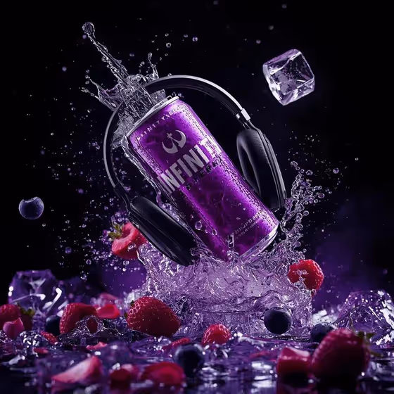 Ultra-Cinematic Product Photography Of A Purple Energy Drink