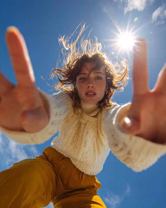 Ultra Wide-Angle Low-Angle Portrait Shot From Ground Perspective, template result