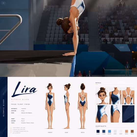 Olympic Diver Character Concept Sheet