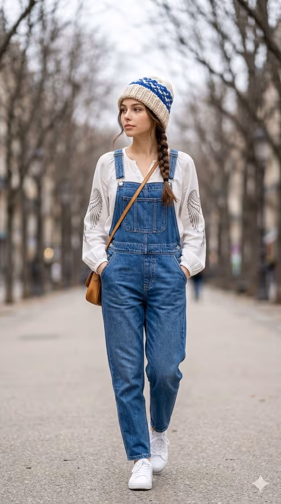 Street Fashion Walk in Denim Overalls template result