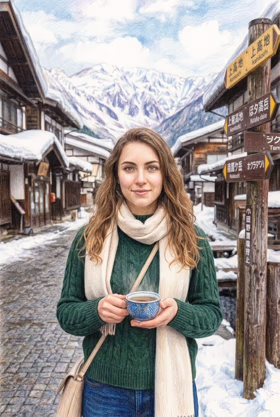 Snowy Japanese Village Winter Illustration
