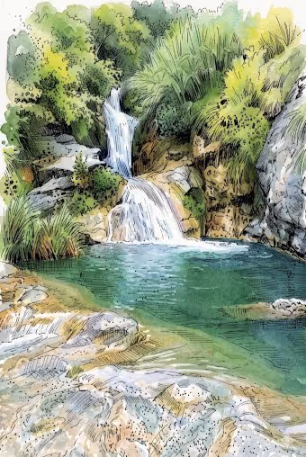 Tropical Oasis Waterfall Watercolor Illustration template result