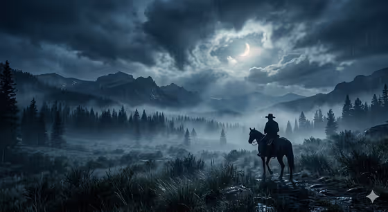 Lone Cowboy Moonlit Misty Night