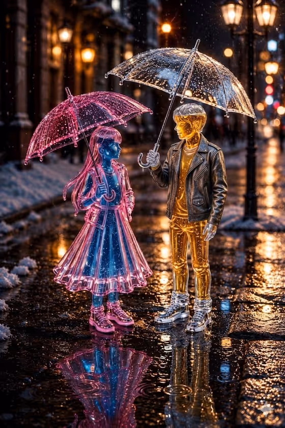 Whimsical Glass Couple in Winter Snowfall