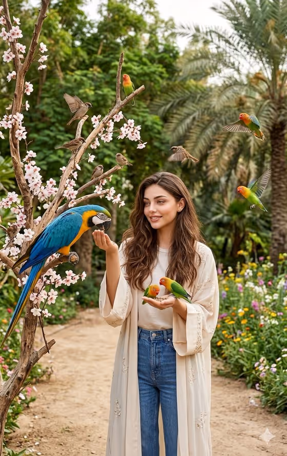Indian Woman with Macaw in Forest