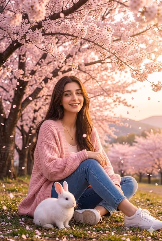 Woman with Rabbit in Cherry Blossom Garden