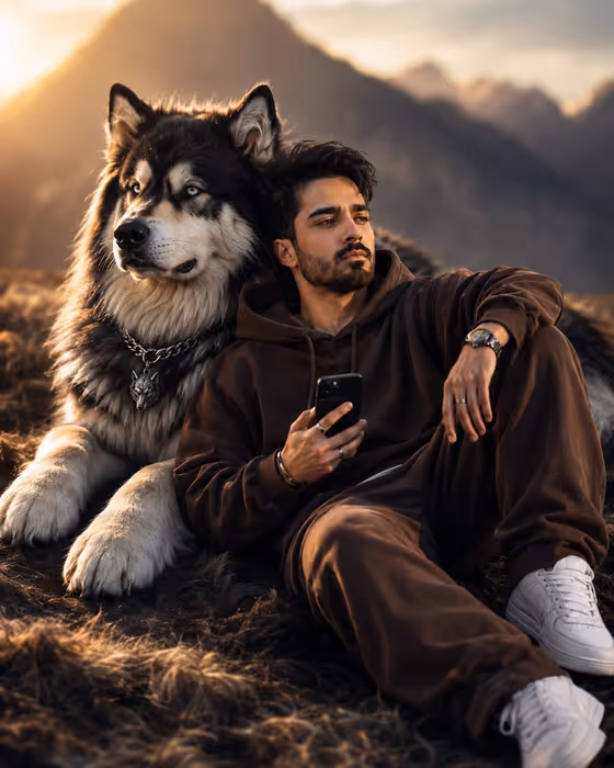 Cinematic Man and Giant Wolf Companion
