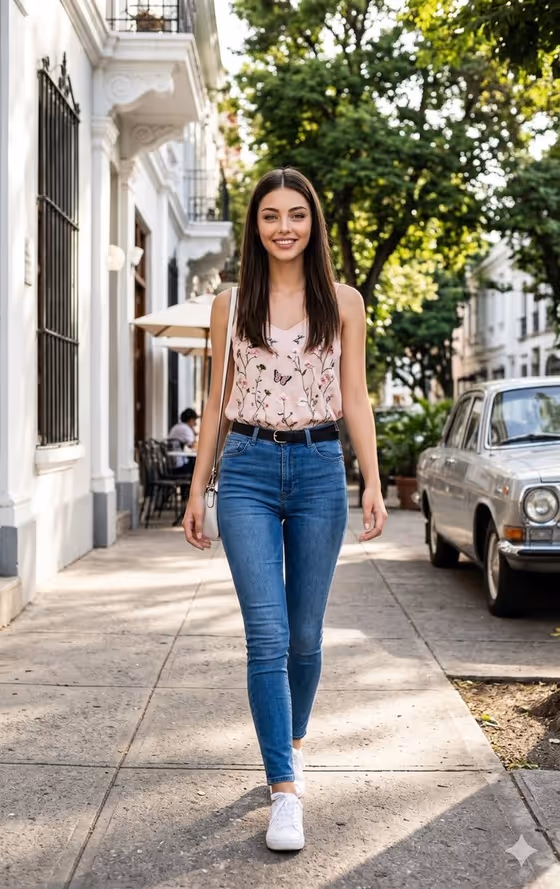 Woman Walking on City Sidewalk