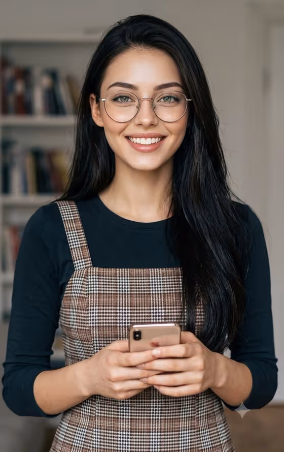Cozy Indoor Portrait with Plaid Pinafore template result
