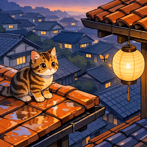 Tabby Kitten on Rain-Wet Rooftop