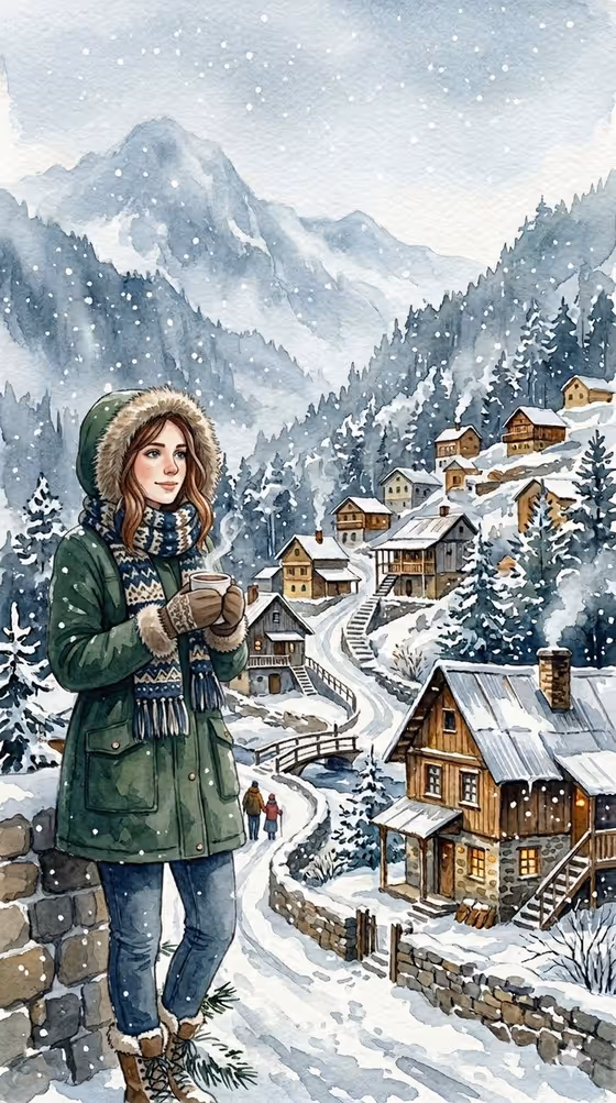 Cozy Winter Hill Station Watercolor