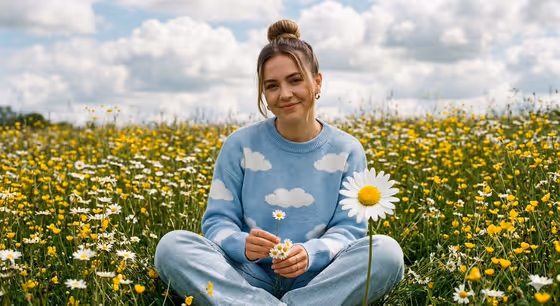 Dreamy Woman in Wildflower Field