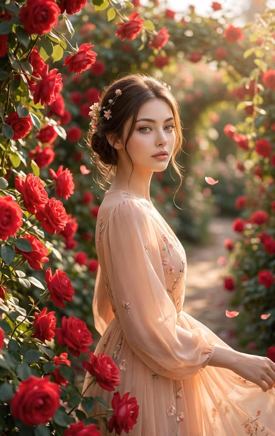Korean Girl in Red Rose Garden