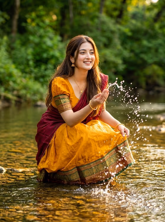 Joyful Forest River Saree Portrait