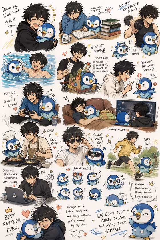 Anime Boy and Piplup Adventure Sheet