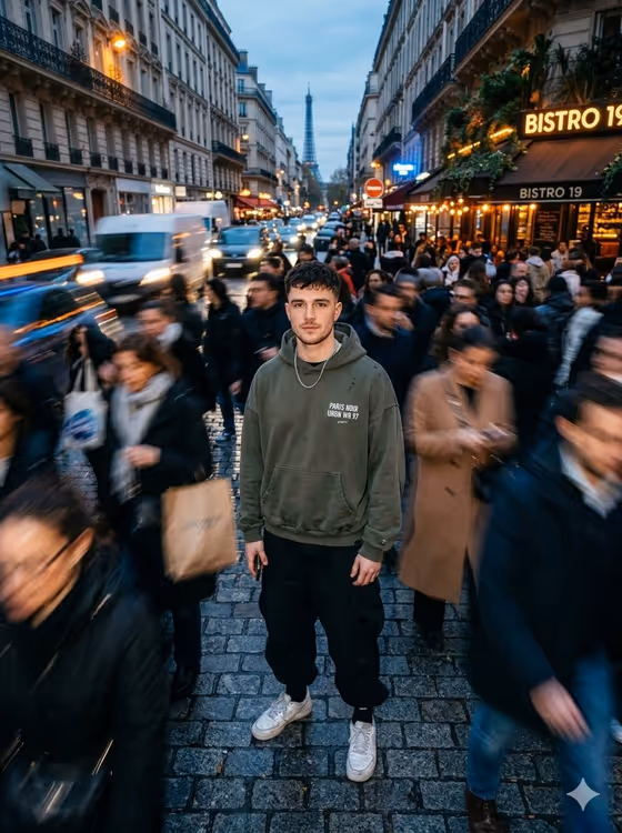 Streetwear Model in Paris Crowd template result