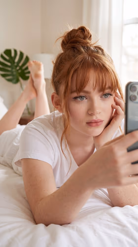 Realistic Blonde Woman Bedroom Portrait